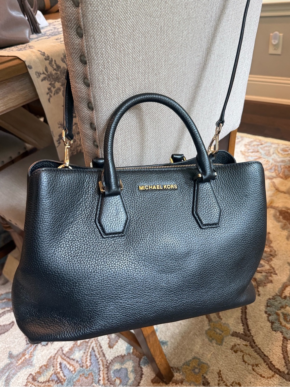 Michael Kors Black Pebbled Leather Top-Handle Satchel with Gold Hardware